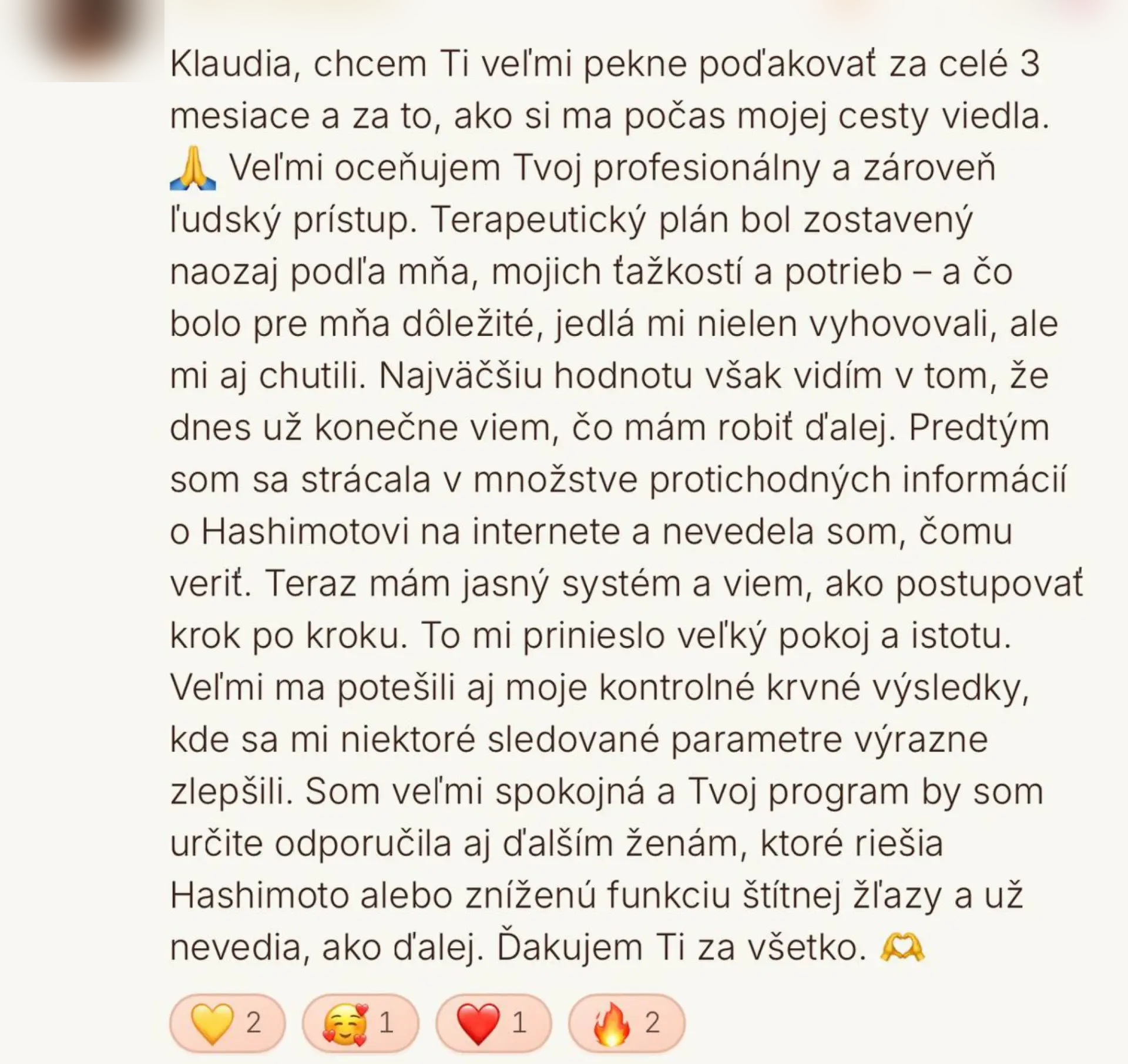 Anonymizovaná správa klientky po 90-dňovom individuálnom programe pri Hashimoto