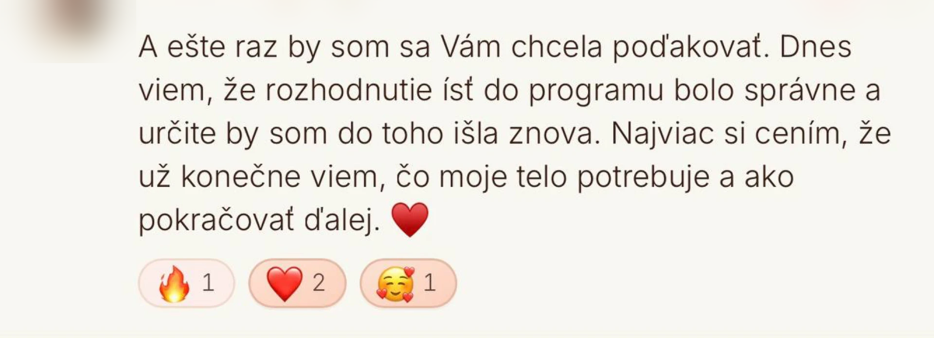 Anonymizovaná správa ďalšej klientky po 90-dňovom individuálnom programe